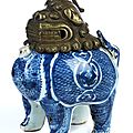 Blue and white qilin porcelain ritual incense burner with metal head, china, ming dynasty, 1368 - 1644