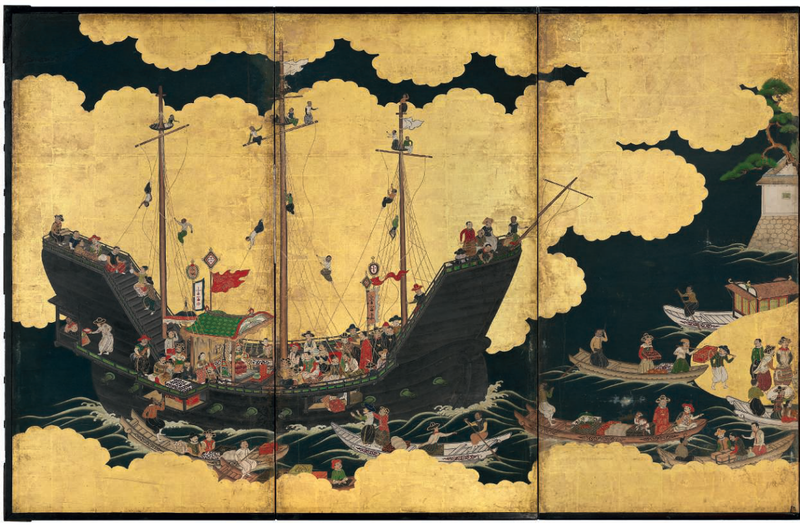 An important Nanban six-fold screen depicting the arrival of a Portuguese ship for trade, Edo period, 17th century 1