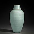 A Longquan celadon ribbed meiping and cover, 12th-13th century