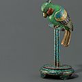 A rare cloisonné enamel model of a cockatoo and stand, 18th century