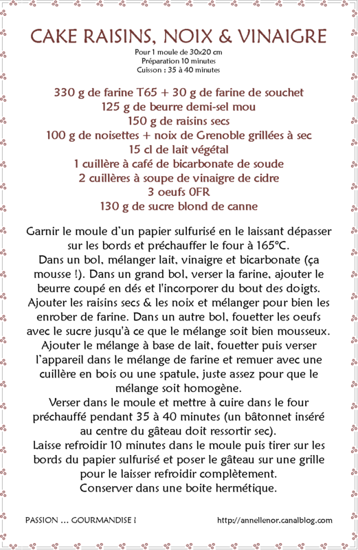 Cake raisins, noisettes, noix de Grenoble & vinaigre_fiche