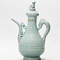 A rare Qingbai moulded and carved ‘rabbit’ ewer and cover, Yuan dynasty (1279-1368)