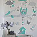 stickers décoration chambre enfant garçon bébé branche cage à oiseau hibou oiseaux étoiles gris turquoise blanc