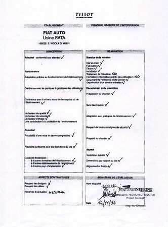 1993-1997 François-Noël TISSOT Une Identité Pour Demain ® S. Nicola di Melfi FIAT Usine SATA Validation Qualité par les Méthodes Logistiques de la conception et du déploiement du Plan d'Ensemble Signalétique