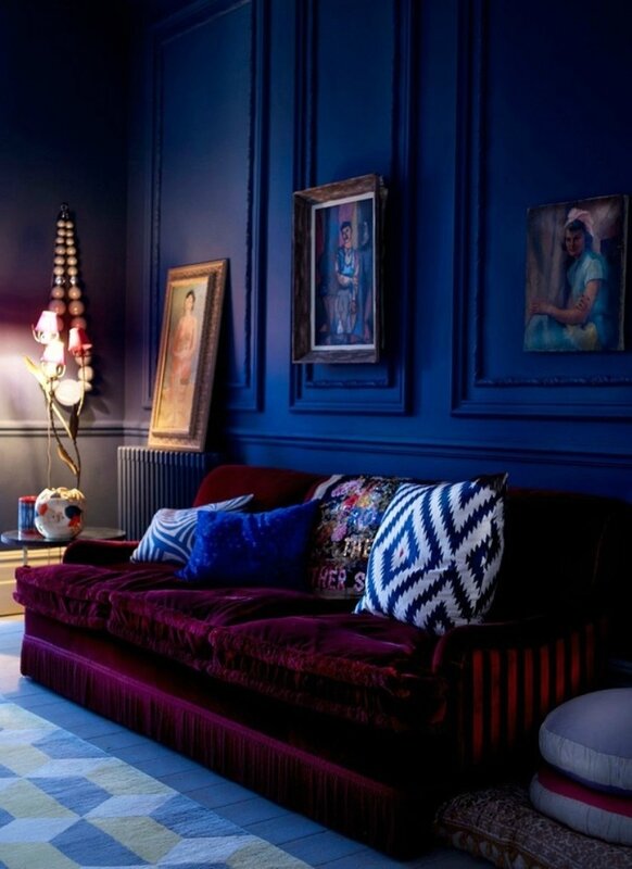 Awesome-Velvet-Couch-and-Gold-Framed-Pictures-for-Luxurious-Navy-Blue-Living-Room-Ideas