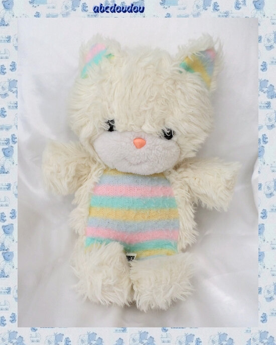 Doudou Peluche Chat Ours Blanc Rayures Pastel Vintage Ajena Abcdoudou