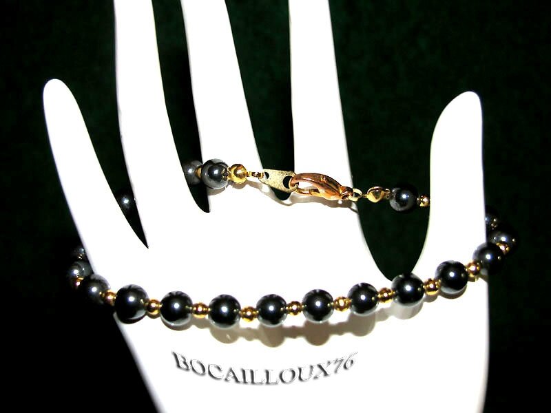 BRACELET HEMATITE 1 PERLES 6mm FERMOIR MOUSQUETON DORE