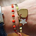 Demi jonc Love my children (coeur en plaqué or et étoile en nacre) avec le bracelet Kibrille corail - 66 € et 25 €
