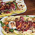 Salade d’hiver : mache, pomme, carotte, magret, chevre et noix, sauce au balsamique