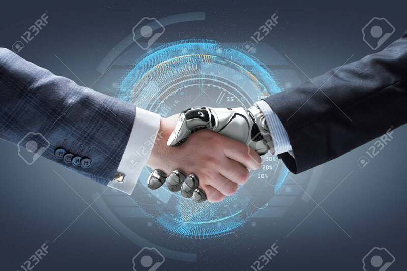 60891384-homme-d-affaires-et-poignée-de-main-de-robot-avec-holographique-globe-terrestre-sur-fond-technologi