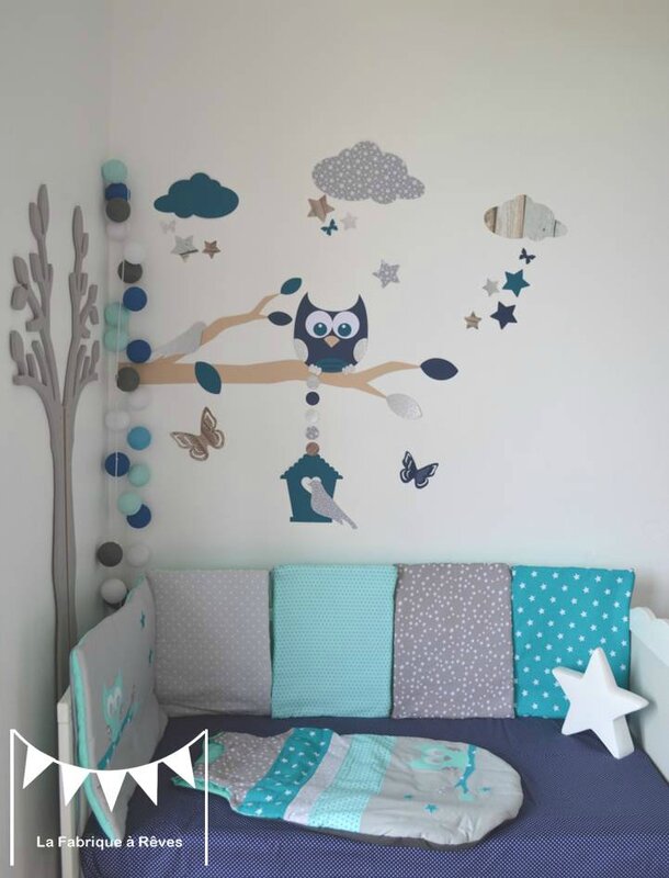 stickers décoration chambre enfant garçon bébé branche cage à oiseau hibou oiseaux étoiles bleu pétrôle craft gris argenté blanc