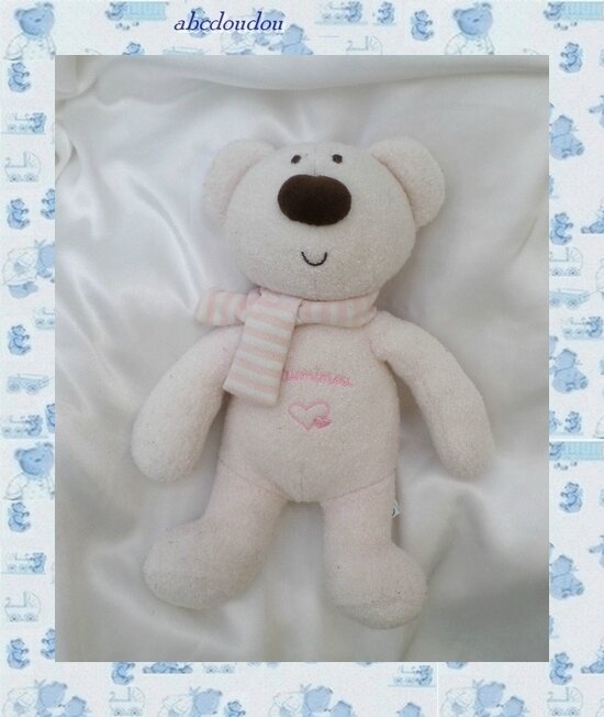 Doudou Peluche Ours Rose Echarpe Rayures Blanc Coeur Jemini Luminou Abcdoudou