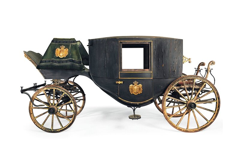 A Royal Saxon Brass-Mounted Parcel-Gilt and Black-Painted Town Coach