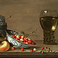 Gillis gillisz. de bergh, plums and apples, a blue and white bowl of strawberries, grapes, gooseberries, a roemer of wine...