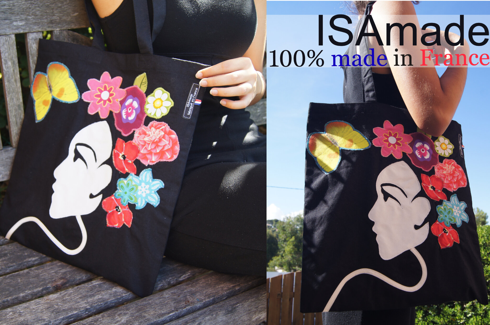 Tote bag sac noir multicolore Visage fleurs