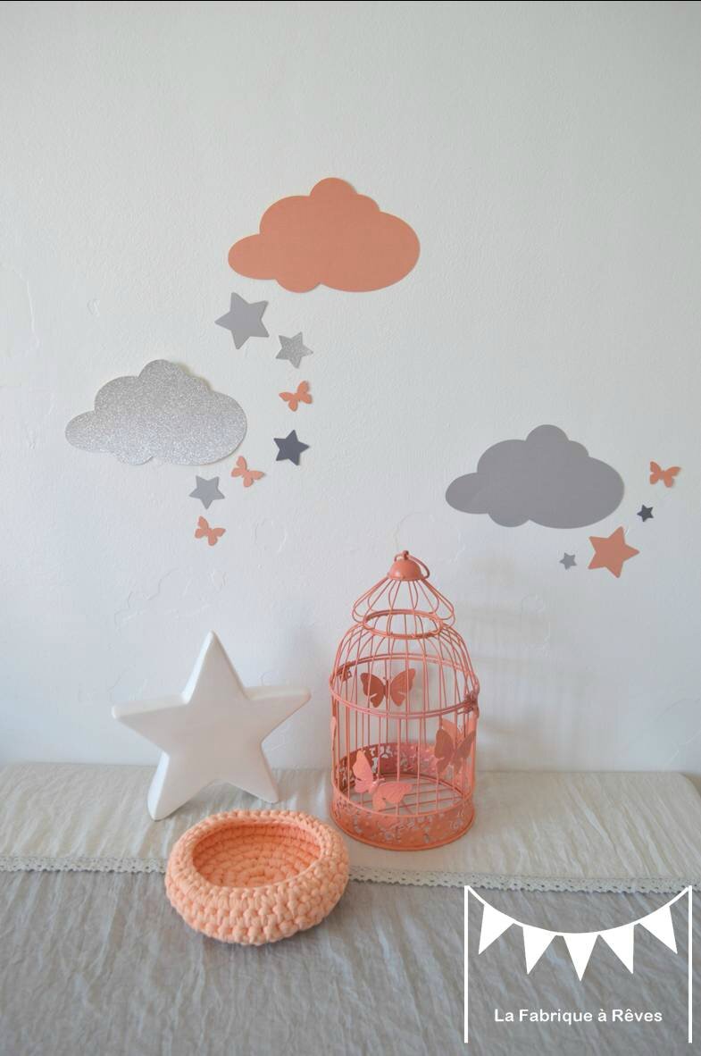 stickers décoration chambre fille bébé nuage étoiles papillons pêche corail saumon gris argent