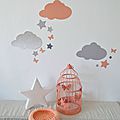 stickers décoration chambre fille bébé nuage étoiles papillons pêche corail saumon gris argent