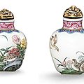 A very rare and finely enamelled glass 'quails' snuff bottle, Imperial, Palace Workshops, Beijing, Qianlong four-character mark in blue enamel and of the period (1736-1795)