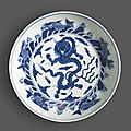 A blue and white dragon dish, chenghua mark, 18th century