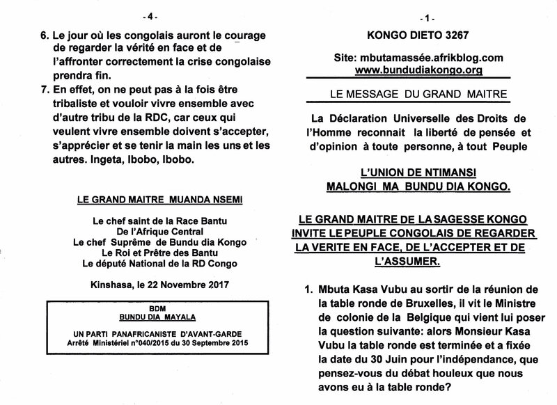 LE GRAND MAITRE DE LA SAGESSE KONGO INVITE LE PEUPLE CONGOLAIS DE REGARDER LA VERITE EN FACE DE L'ACCEPTER ET DE L'ASSUMER a