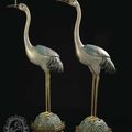A pair of impressive cloisonné incense censers in form of gracious cranes, china, qing dynasty