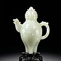 A rare white jade tripod ewer and cover, qing dynasty, qianlong period (1736-1795)