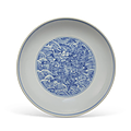 A blue and white 'dragon' dish, qianlong six-character mark in underglaze blue and of the period (1736-1795)